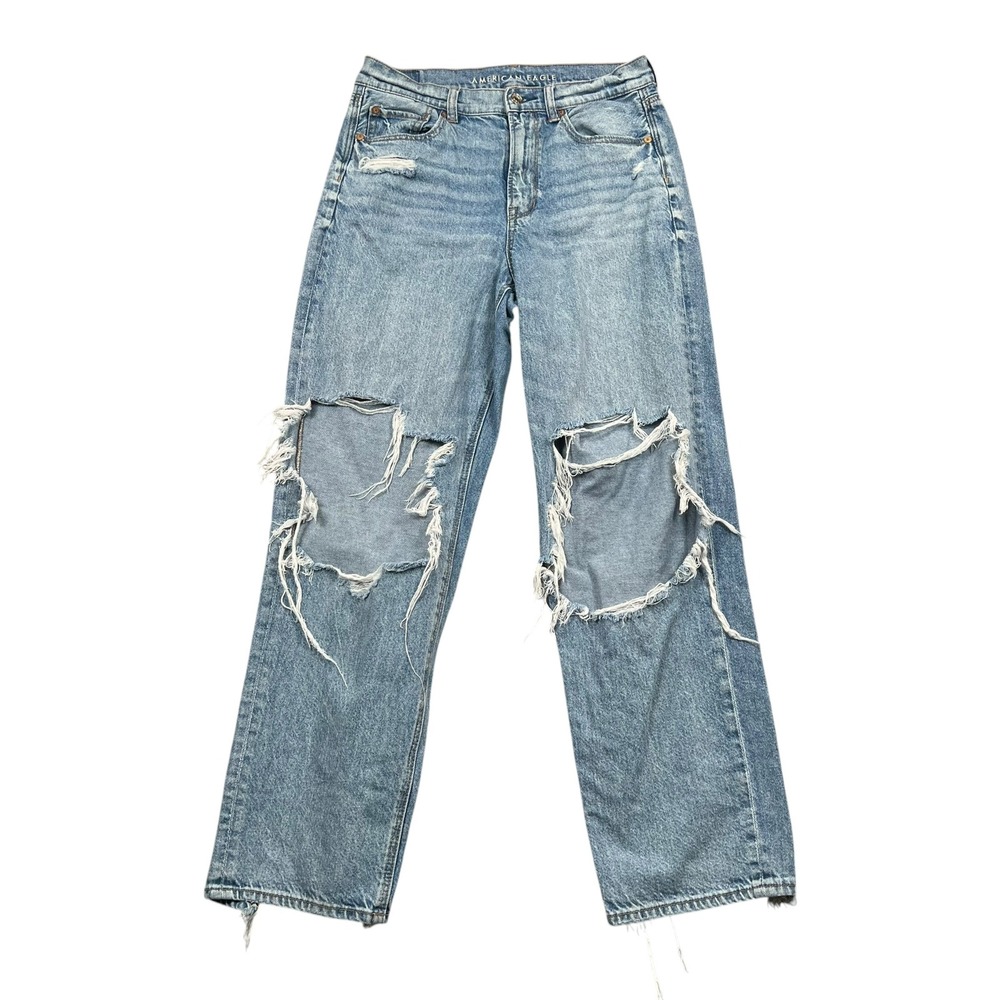 American Eagle Jeans Women 10 Blue Strigid Wide Leg Distressed High Rise 1559